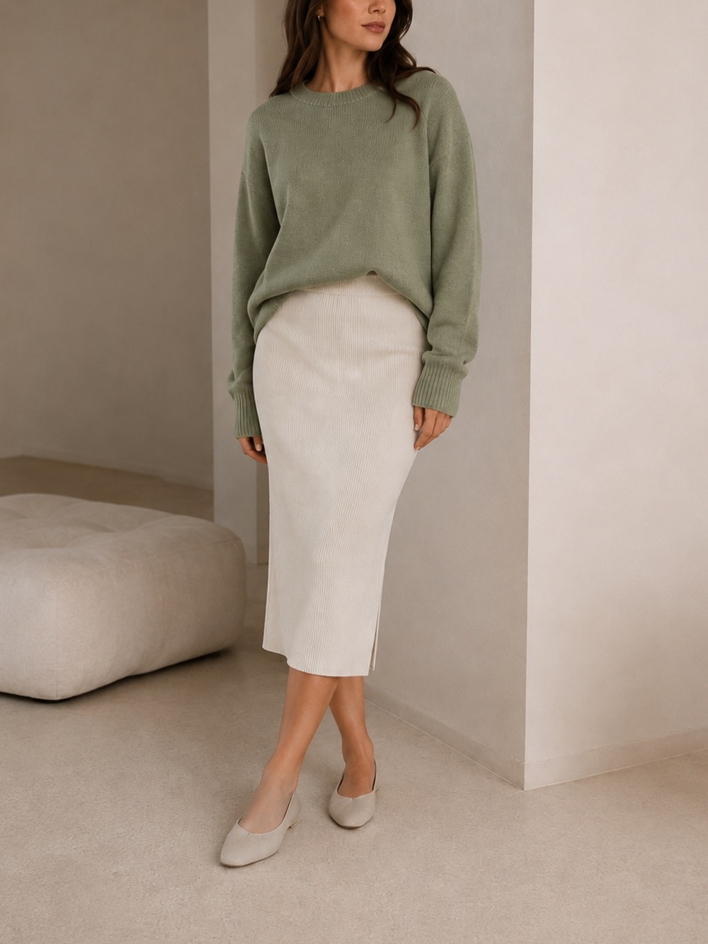 Ava & Viv Cream Ribbed Knit Midi Skirt Ivory Cozy Minimalist XXL